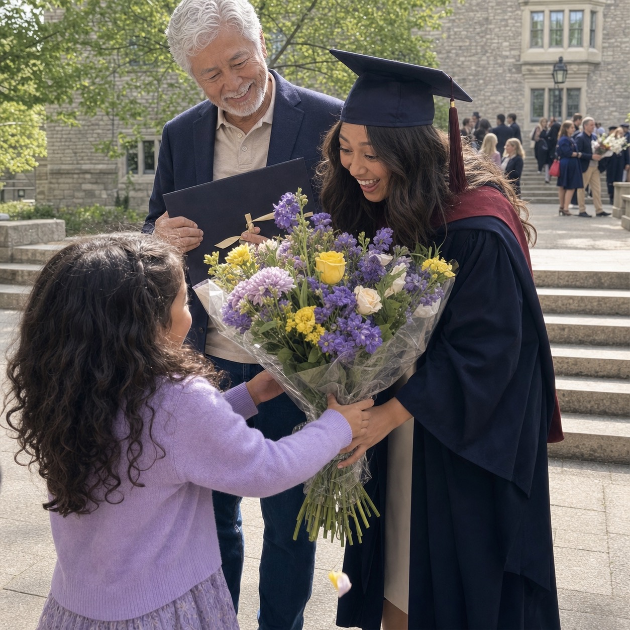 The graduate receiving flowers