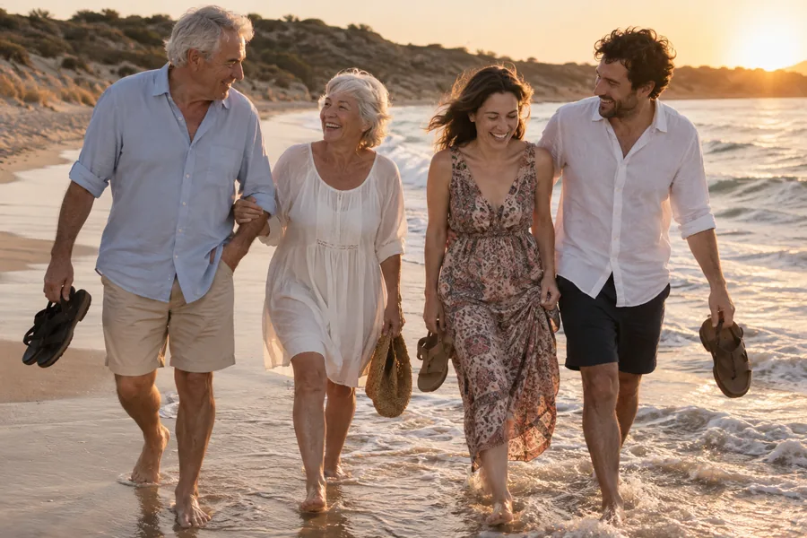 Example: family walking at the water’s edge.