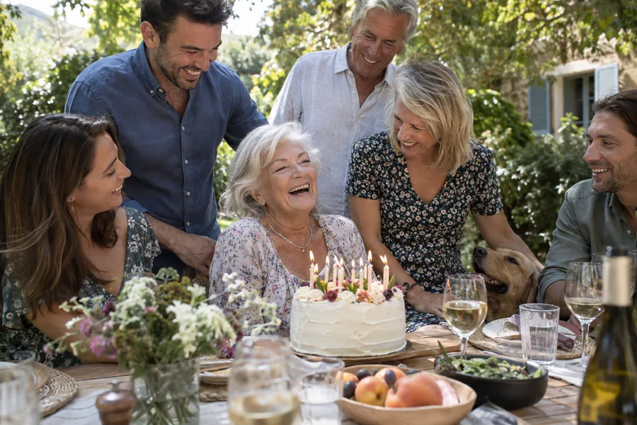 Example: family gathered around a birthday cake in a garden.
