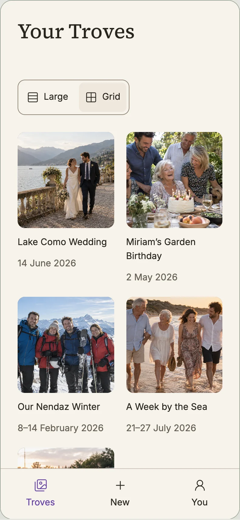 Design preview: Your Troves album grid with the Troves, New and You navigation.