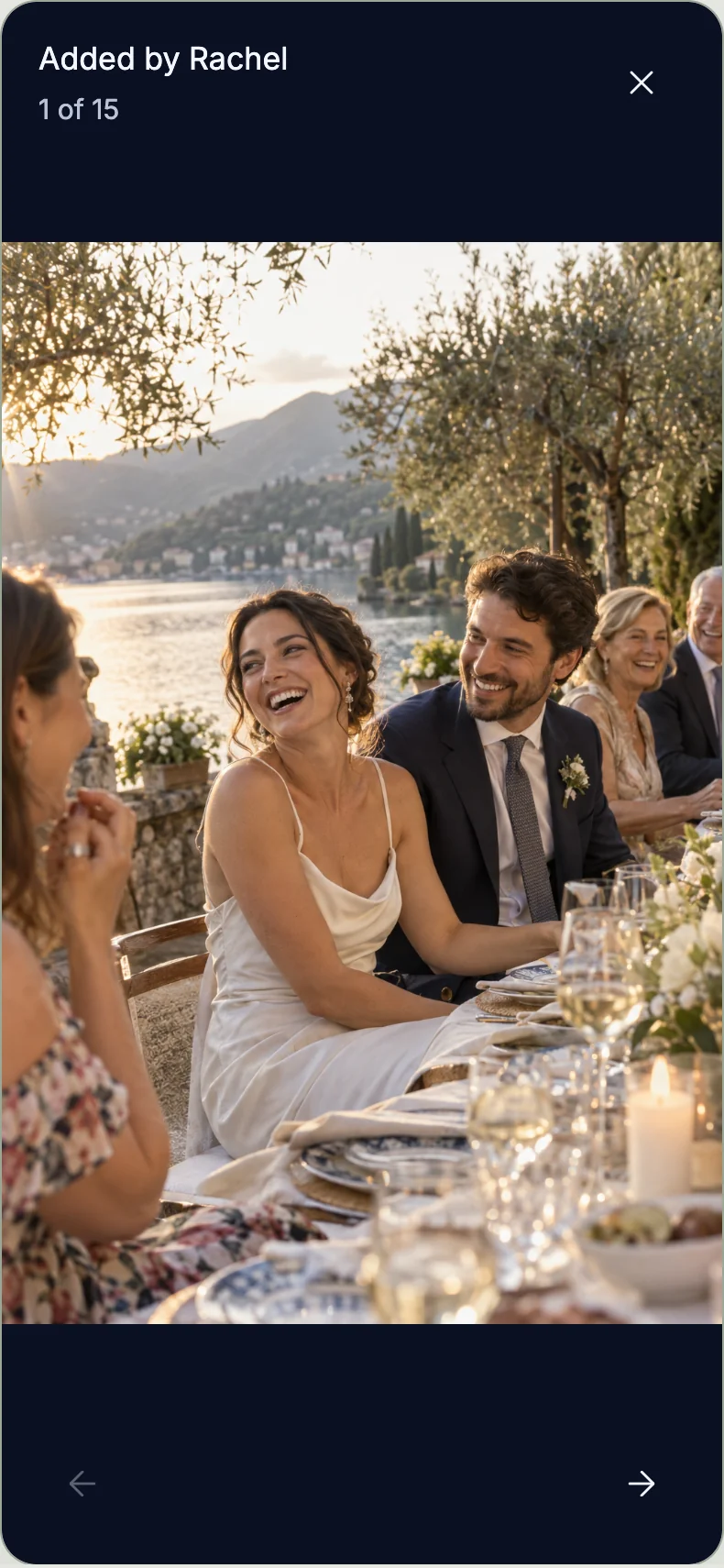 Locked dark photo-viewer preview with a full wedding photograph, uploader credit, position and close control.